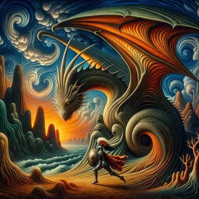 The primary subject of the image is a dragon, which is the main object, scene, or focus of the image. The dragon is depicted in a painting, which is the visual style of the artwork. The setting or background of the image features a landscape with a mountain, a lake, and a castle, creating a dramatic and fantastical atmosphere. The colors and mood of the painting are predominantly dark and moody, with the dragon being the main source of color and light in the scene.